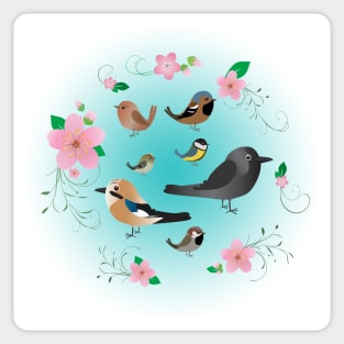 A collection of cute birds in a floral wreath Sticker